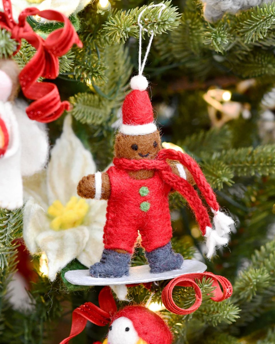 PREORDER: Christmas Felt Gingerbread on Snowboard Ornament - Tara Treasures
