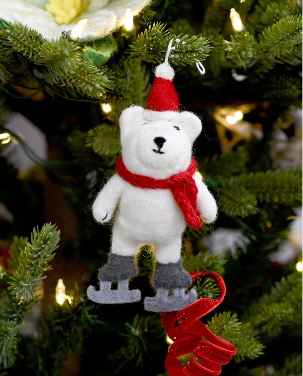 PREORDER: Christmas felt polar bear with ice skates ornament - Tara Treasures