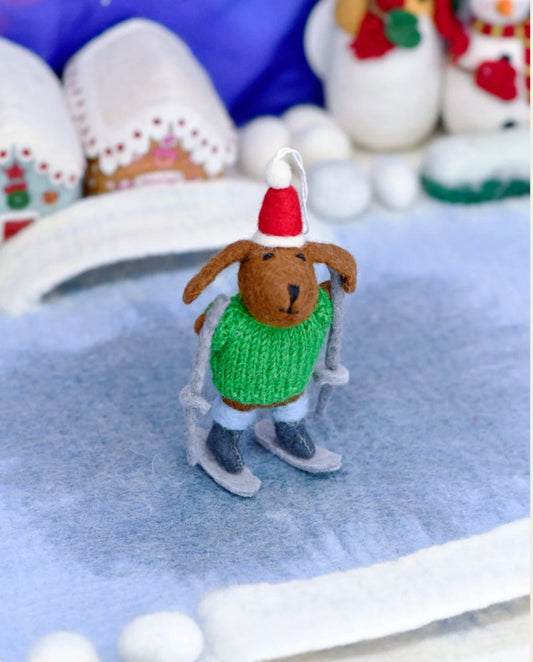 PREORDER: Christmas Ornament - Felt Dog with Knitted Sweater on Skis