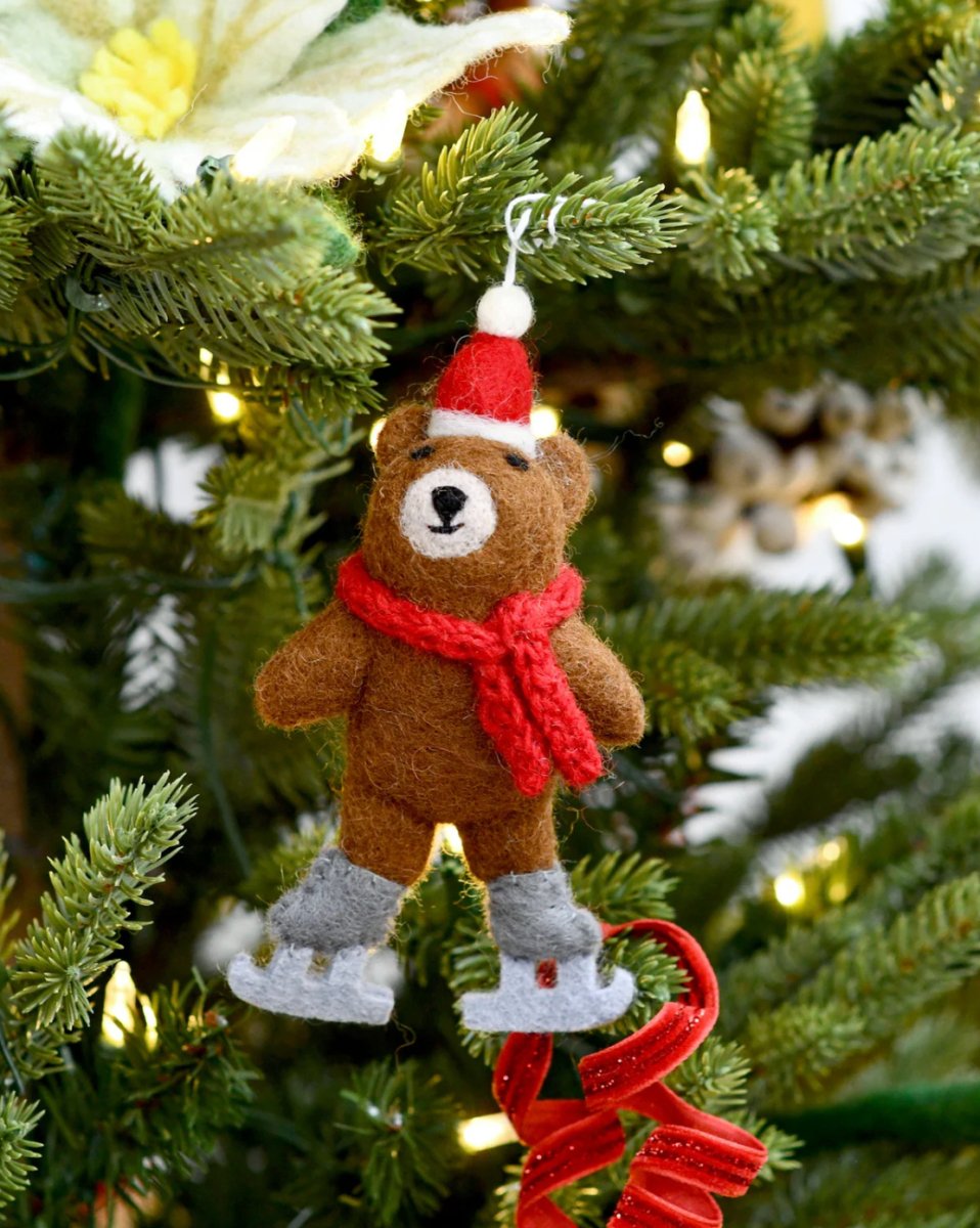 PREORDER: Felt Brown Bear with Ice Skates Ornament - Tara Treasures
