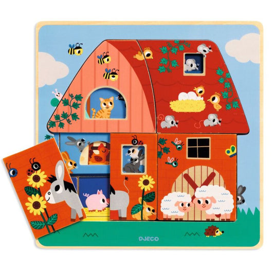 12 piece Farm Barnyard 3 Layer Wooden Puzzle - Djeco