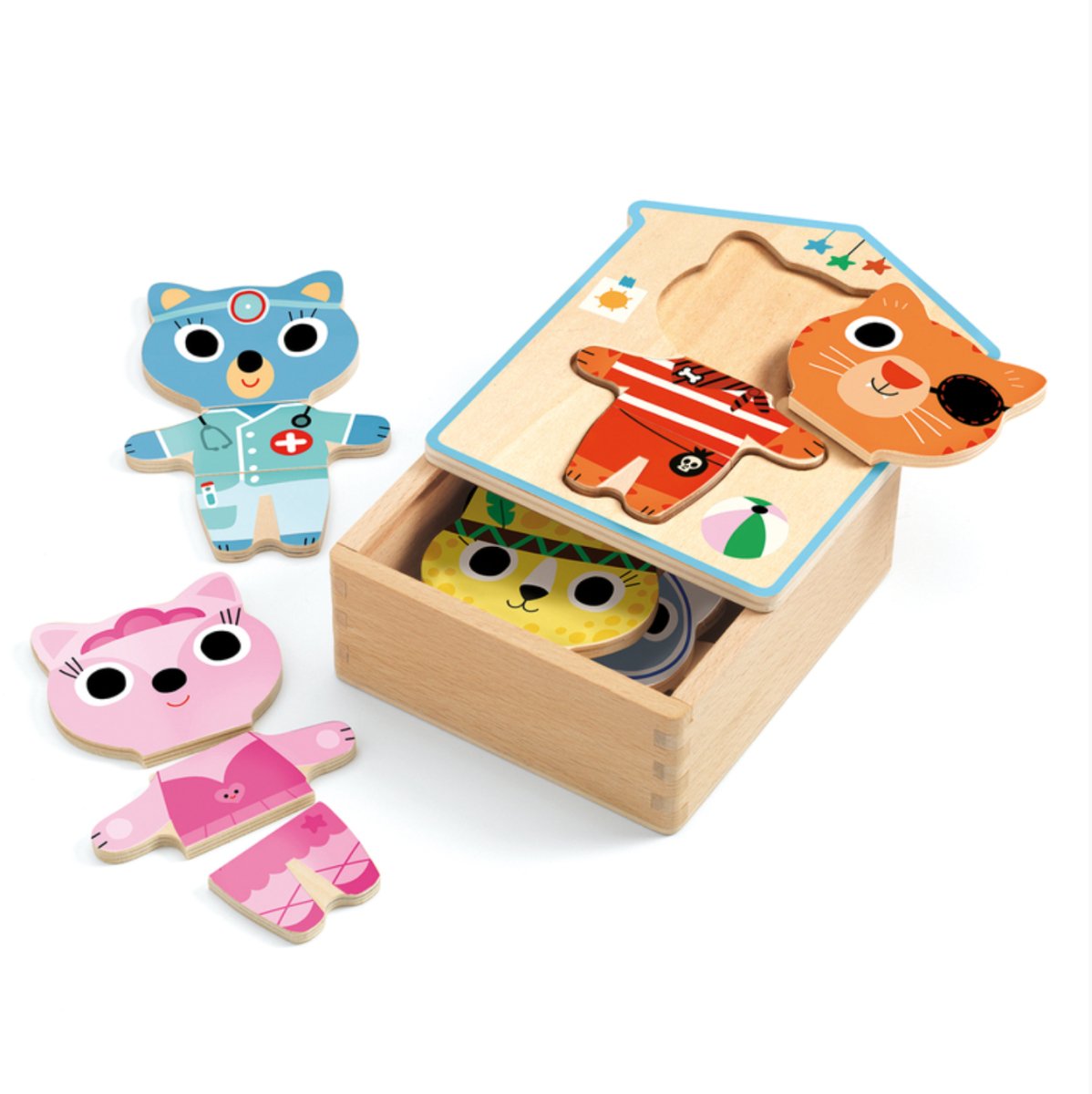 18 piece Animal Dressup Mix Wooden Puzzle Set - Djeco