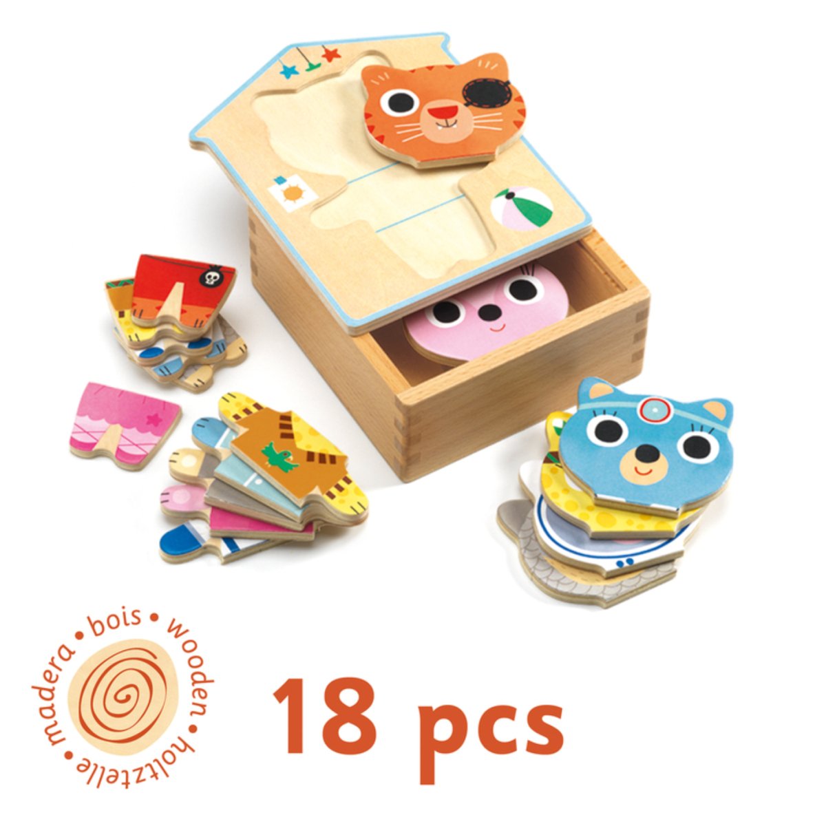 18 piece Animal Dressup Mix Wooden Puzzle Set - Djeco