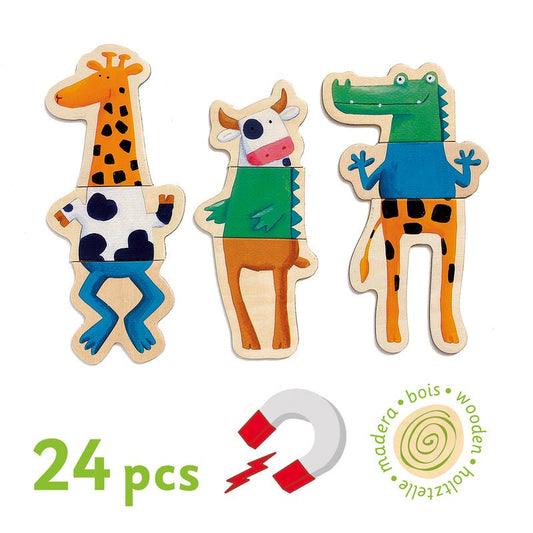 24 piece Wooden Magnetic Crazy Animals Set - Djeco