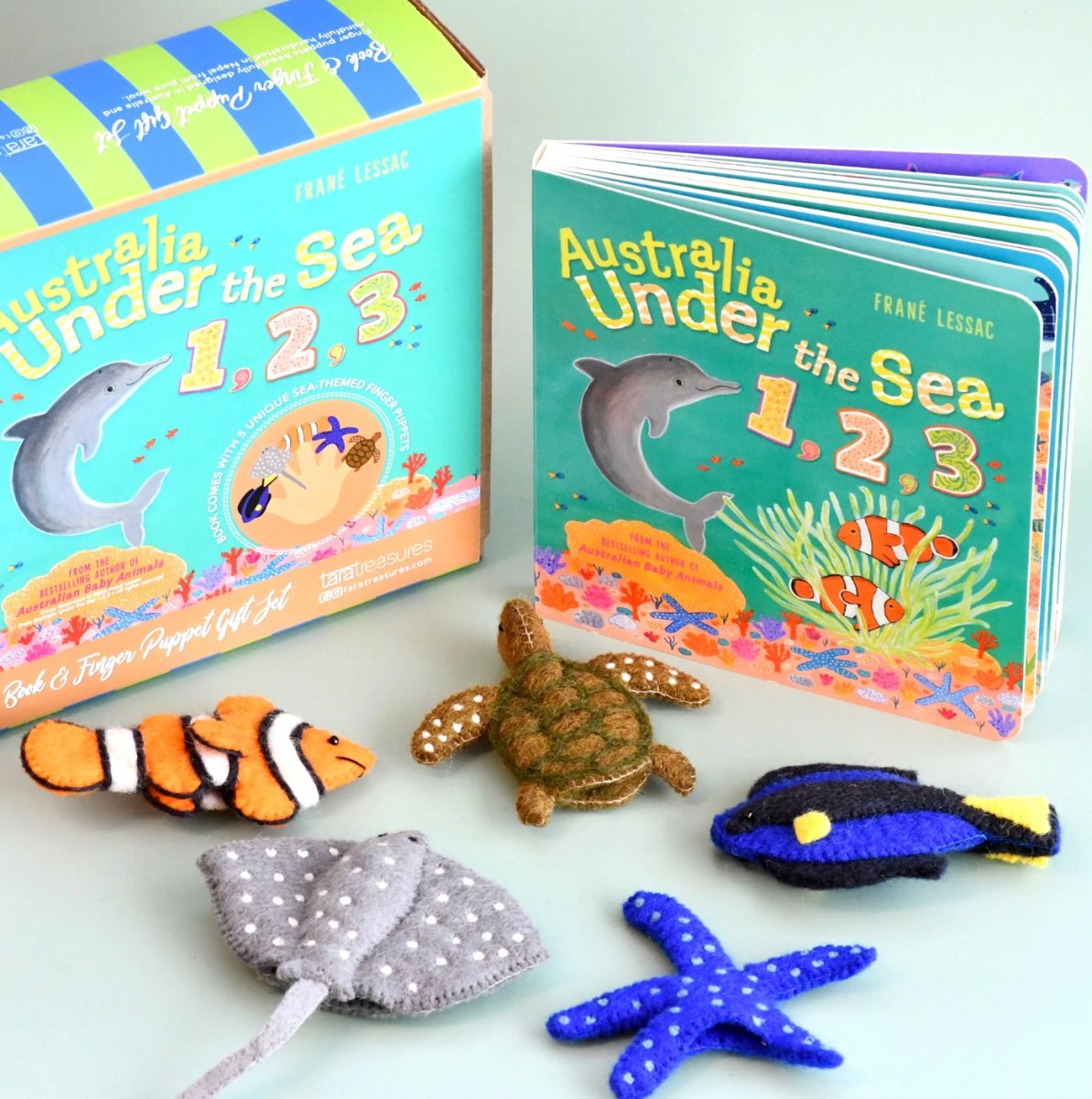 Australia Under the Sea 1, 2,3 by Frané Lessac Book and Finger Puppet Set - Tara Treasures