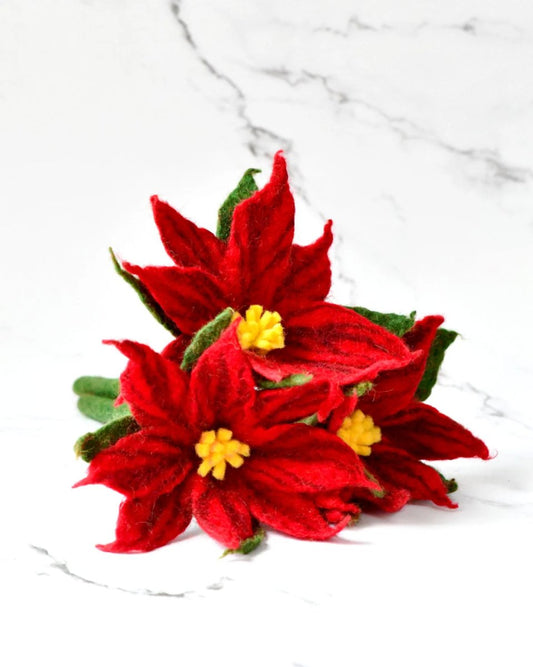 Felt Red Poinsettia Flowers (Set of 3 Stems) - Tara Treasures