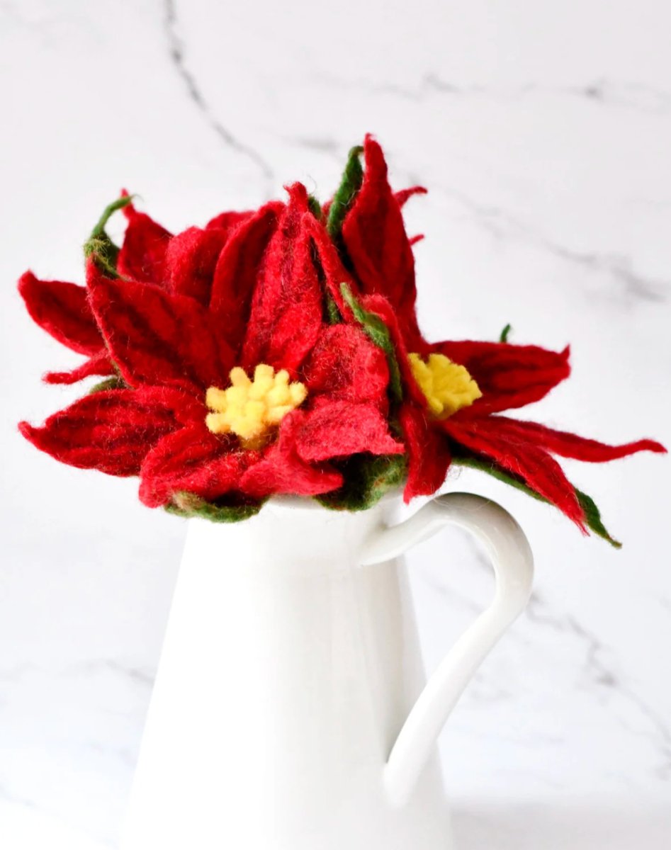 Felt Red Poinsettia Flowers (Set of 3 Stems) - Tara Treasures