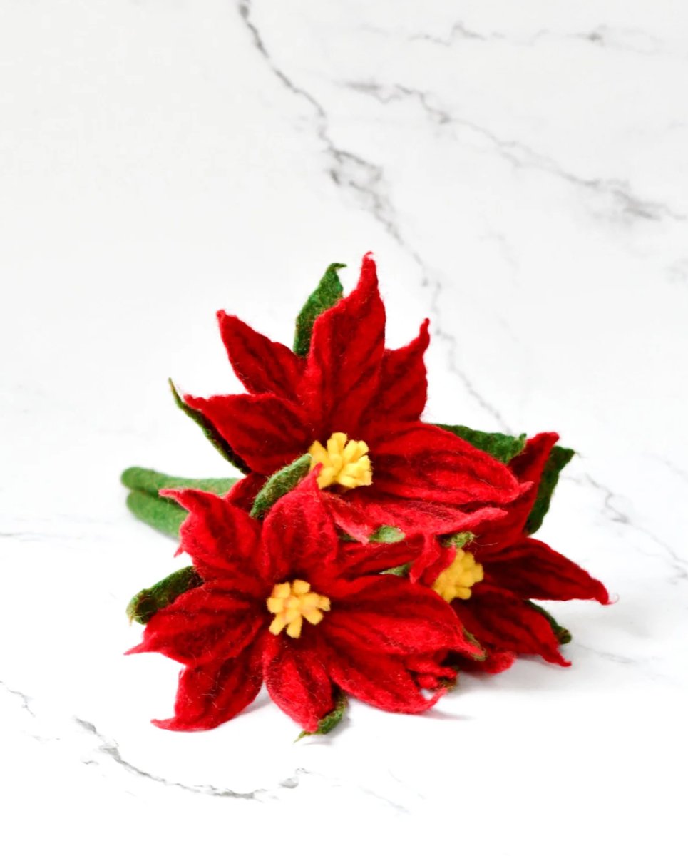 Felt Red Poinsettia Flowers (Set of 3 Stems) - Tara Treasures