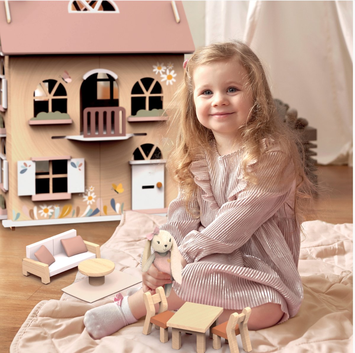 Flower Cottage Dolls House with Starter Furniture Set - Speedy Monkey