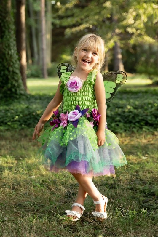 Green Fairy Blooms Deluxe Dress with Wings - Great Pretenders