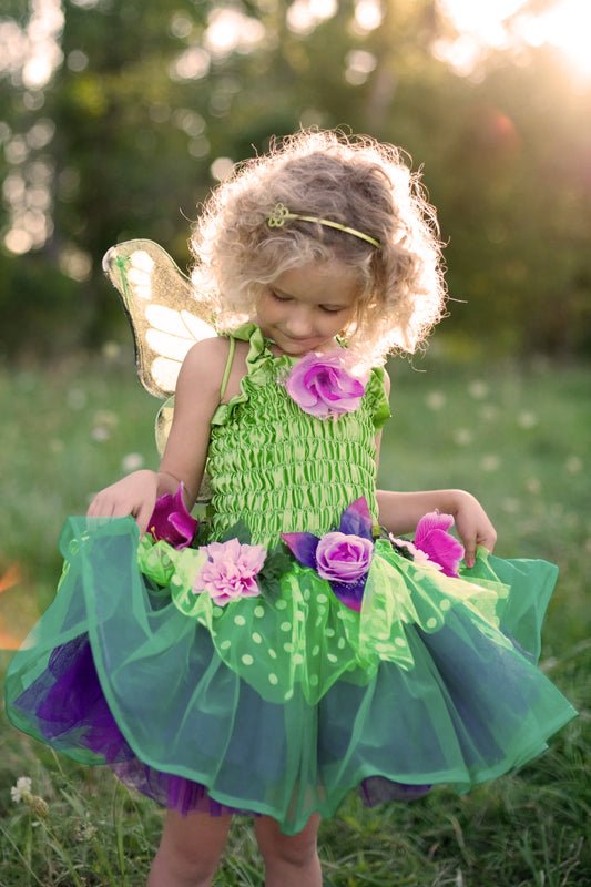 Green Fairy Blooms Deluxe Dress with Wings - Great Pretenders