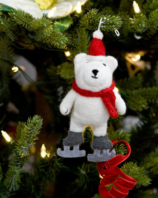 PREORDER: Christmas felt polar bear with ice skates ornament - Tara Treasures