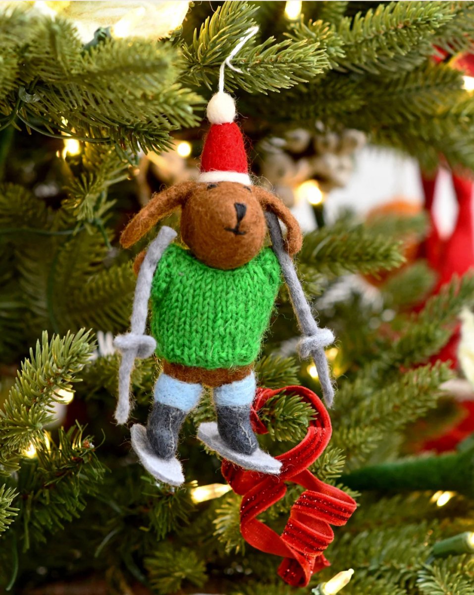 PREORDER: Christmas Ornament - Felt Dog with Knitted Sweater on Skis