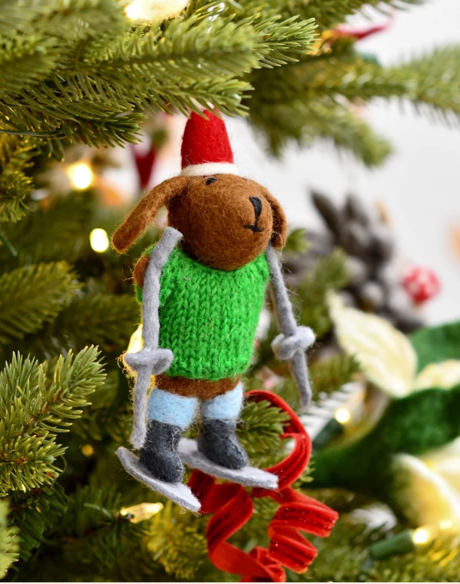 PREORDER: Christmas Ornament - Felt Dog with Knitted Sweater on Skis