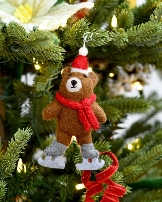 PREORDER: Felt Brown Bear with Ice Skates Ornament - Tara Treasures