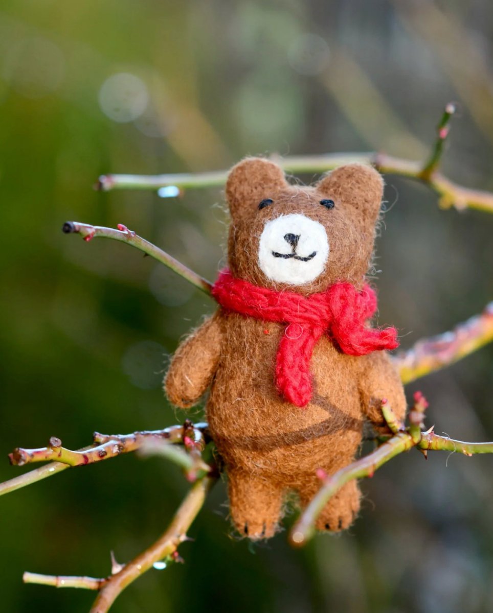 PREORDER: Felt Brown Bear with Red Scarf - Tara Treasures