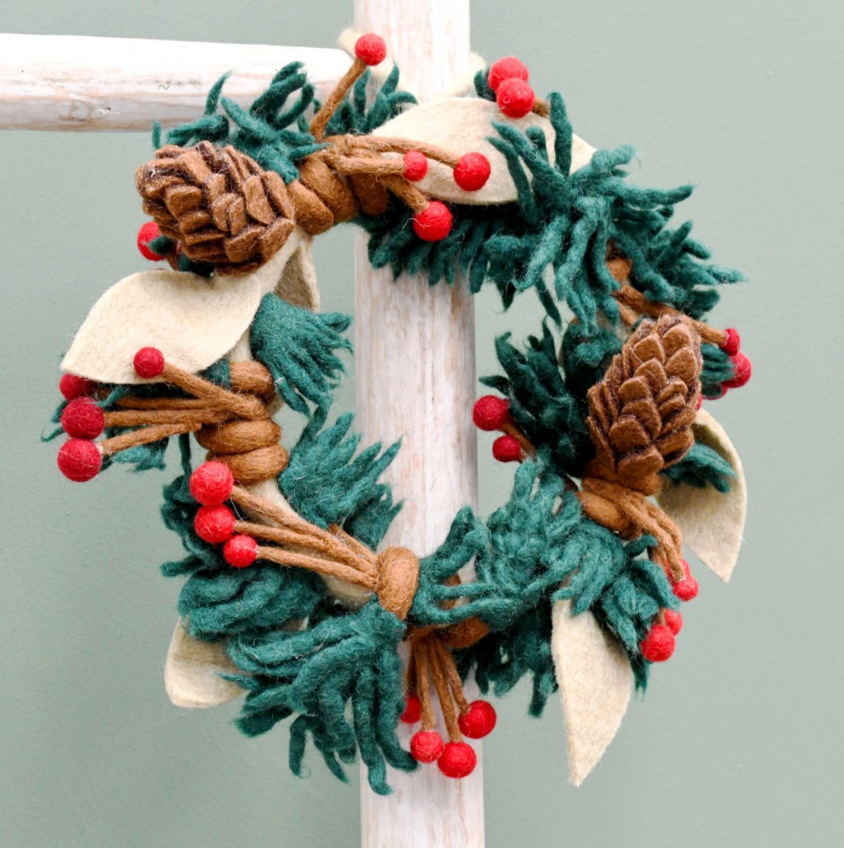 PREORDER: Felt Christmas Pine Cones and Holly Berries Wreath - Tara Treasures