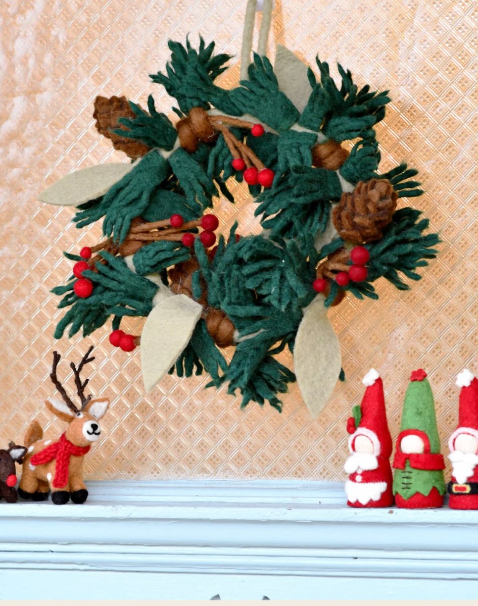 PREORDER: Felt Christmas Pine Cones and Holly Berries Wreath - Tara Treasures