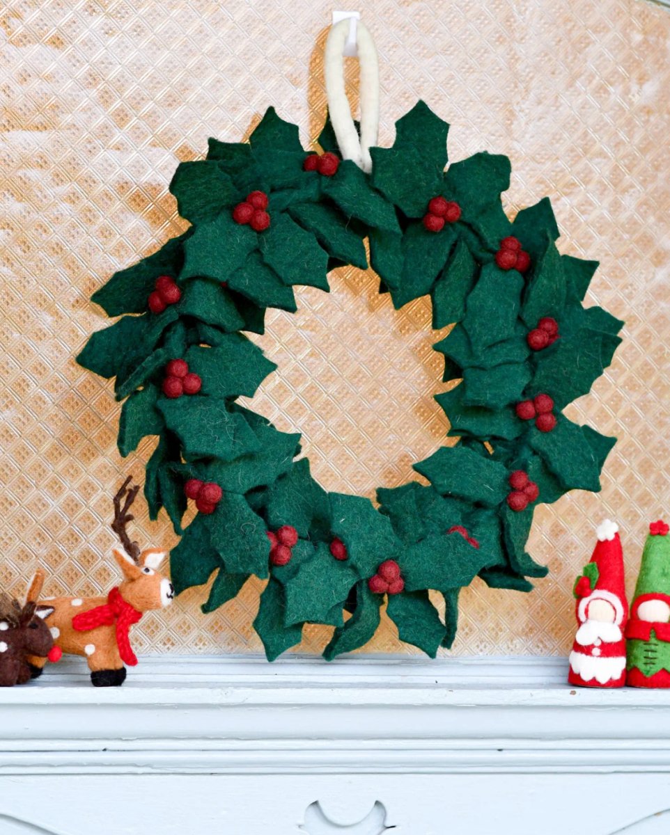 PREORDER: Felt Holly Wreath with Red Berries - Tara Treasures