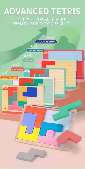 Wooden Tetris Game with Challenge Cards